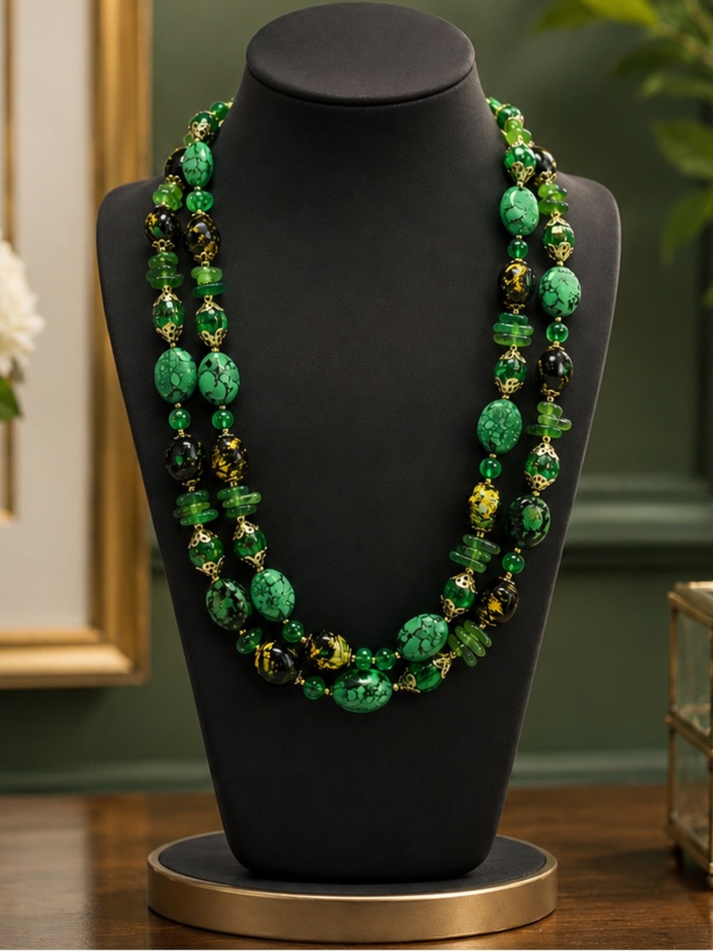Vintage Hong Kong Multi-Strand Green Beaded Statement Necklace Retro 1960s 1970s